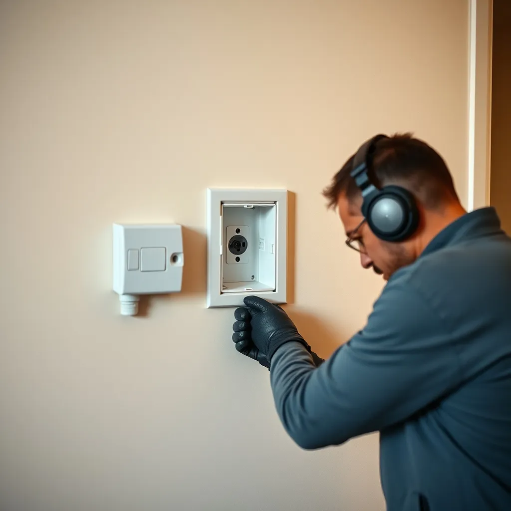 Technicien installant une prise murale fibre optique le long d'une plinthe