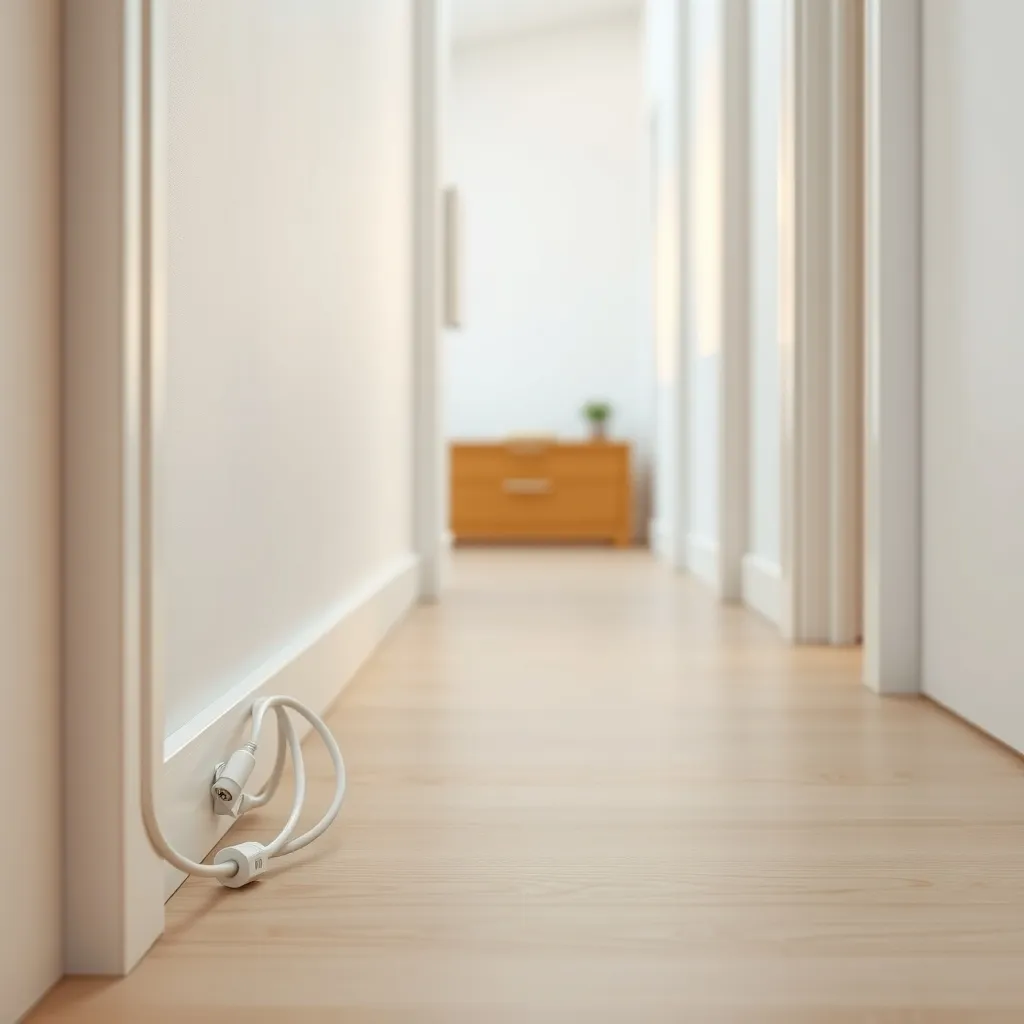 Câble fibre optique fixé proprement le long d'une plinthe avec des clips adhésifs