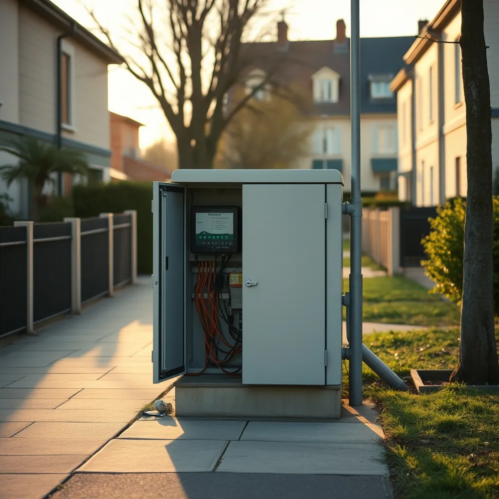 Armoire de sous-répartition optique (SRO) sur un trottoir résidentiel, point de distribution vers les maisons du quartier