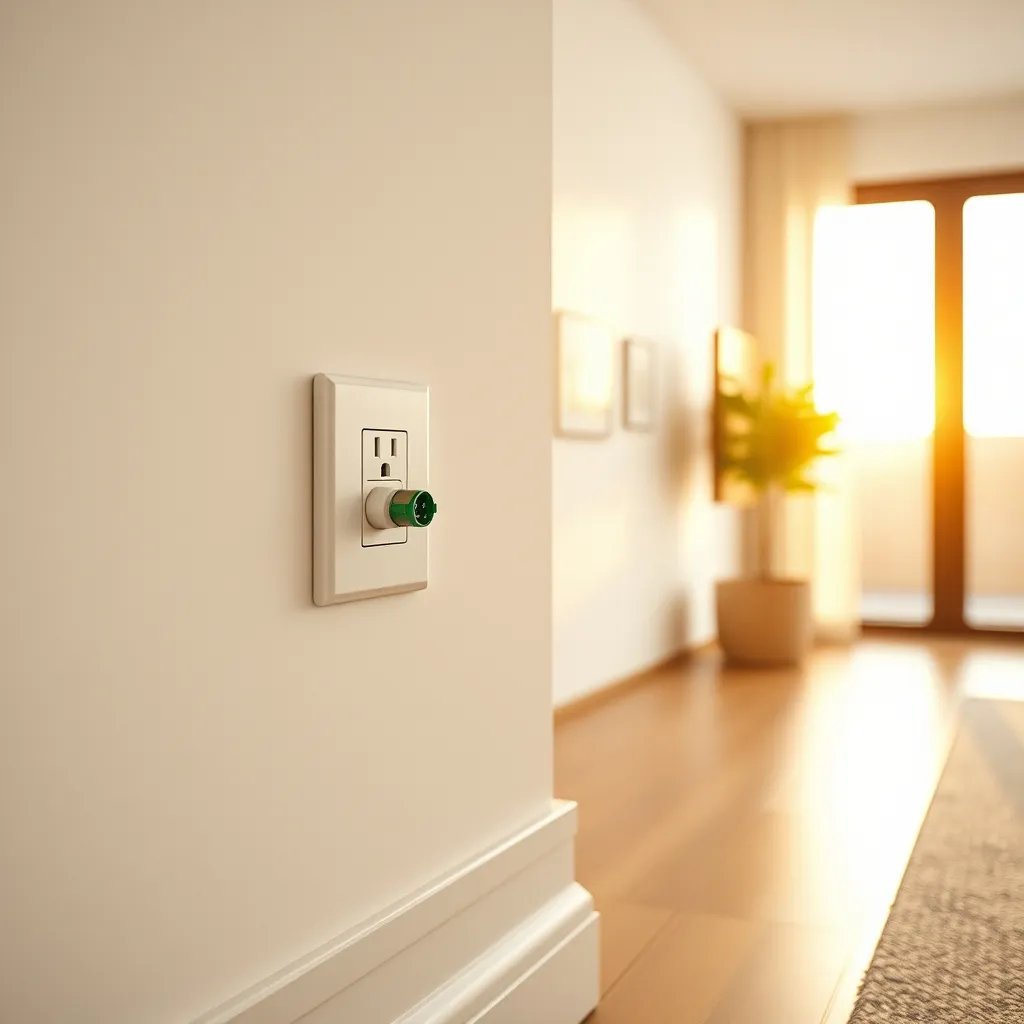 Prise terminale optique (PTO) installée sur un mur intérieur, avec le connecteur vert SC/APC caractéristique