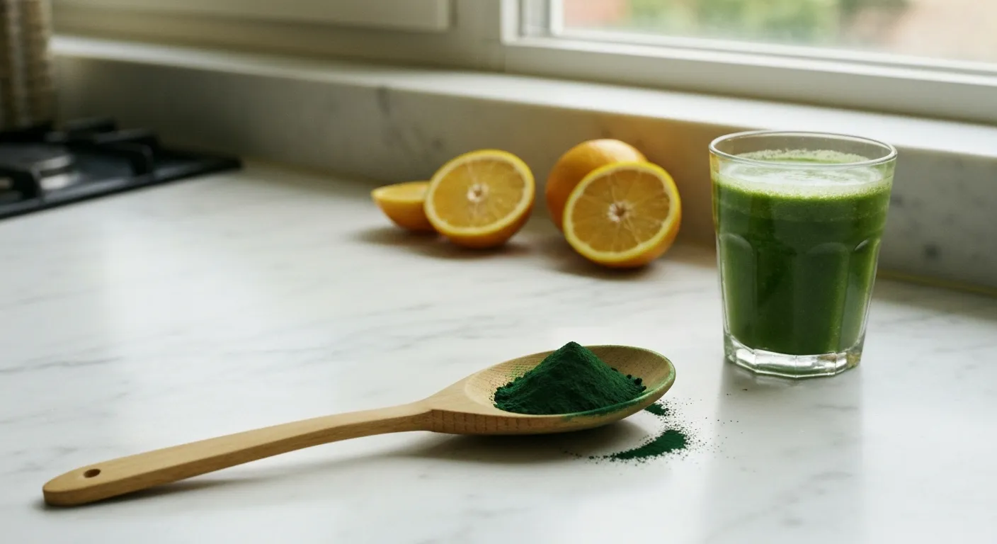 La spiruline en poudre se mélange facilement dans un smoothie ou un jus pour une prise quotidienne pratique