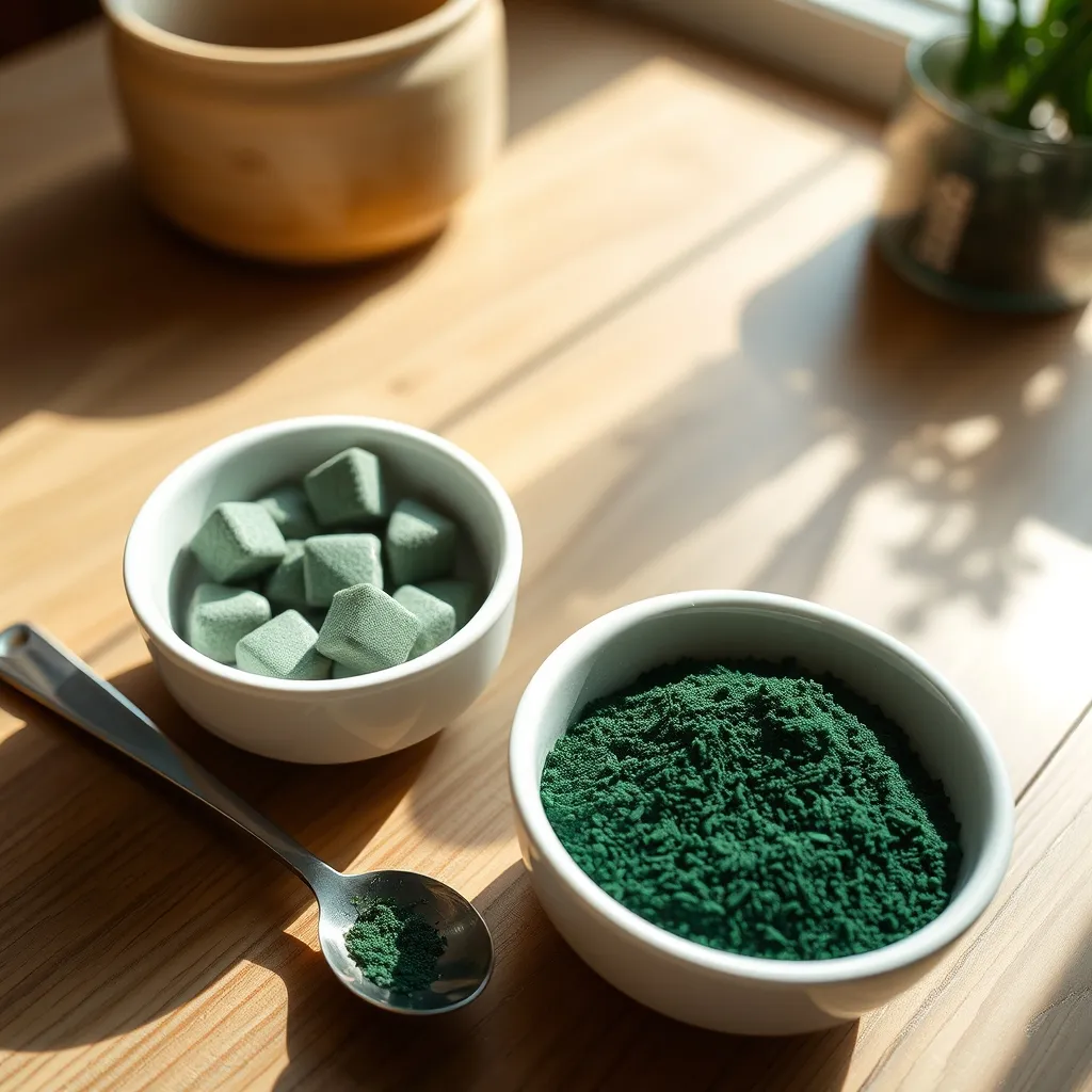 Comprimés et paillettes de spiruline côte à côte : deux formes courantes pour une même richesse nutritionnelle