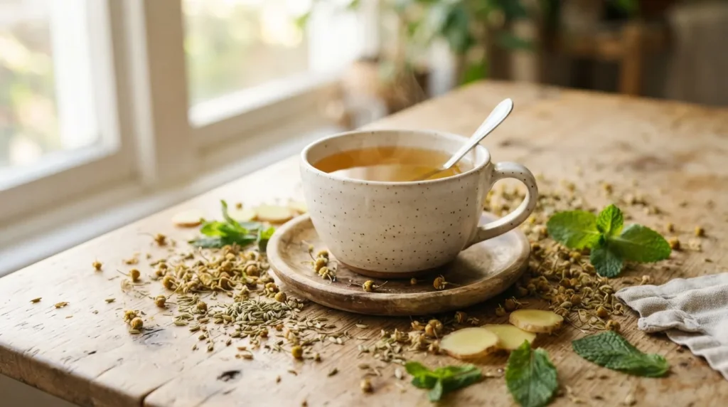 Tisane digestive aux plantes : camomille, fenouil, gingembre et menthe prêts à être infusés