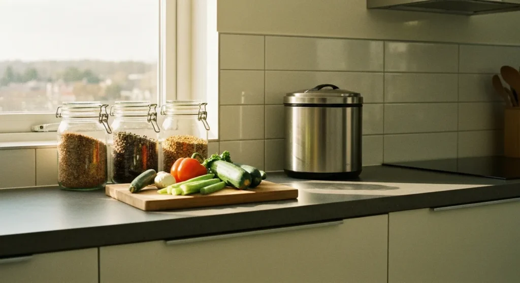 Un plan de travail organisé pour le zéro déchet : bocaux en verre, légumes frais et petit seau à compost