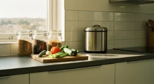 Un plan de travail organisé pour le zéro déchet : bocaux en verre, légumes frais et petit seau à compost