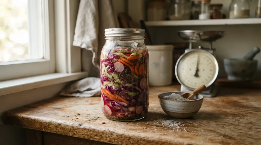 Bocal de légumes lacto-fermentés en saumure avec du gros sel de mer gris, prêt pour la fermentation à température ambiante