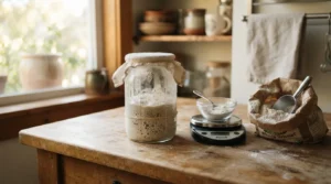 Levain naturel au pic de fermentation dans un bocal en verre, prêt à être utilisé pour la panification