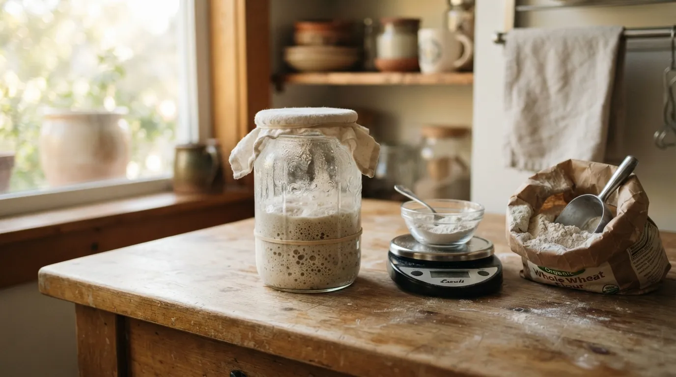 Levain naturel au pic de fermentation dans un bocal en verre, prêt à être utilisé pour la panification