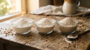 Trois farines de blé tendre, de la T45 très blanche à la T110 semi-complète, classées par taux de cendres croissant